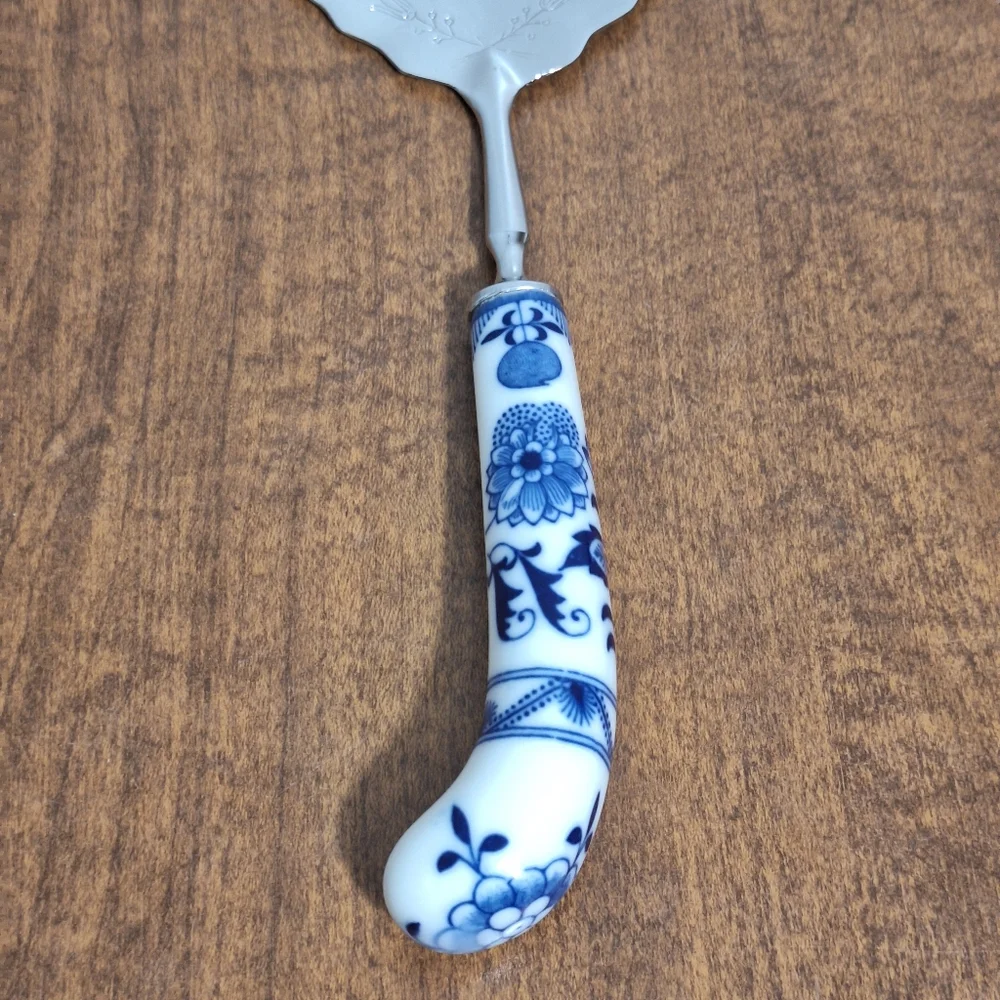 Vtg Sheffield Floraine SS Spoon Server Blue Floral Porcelain Handle England Box